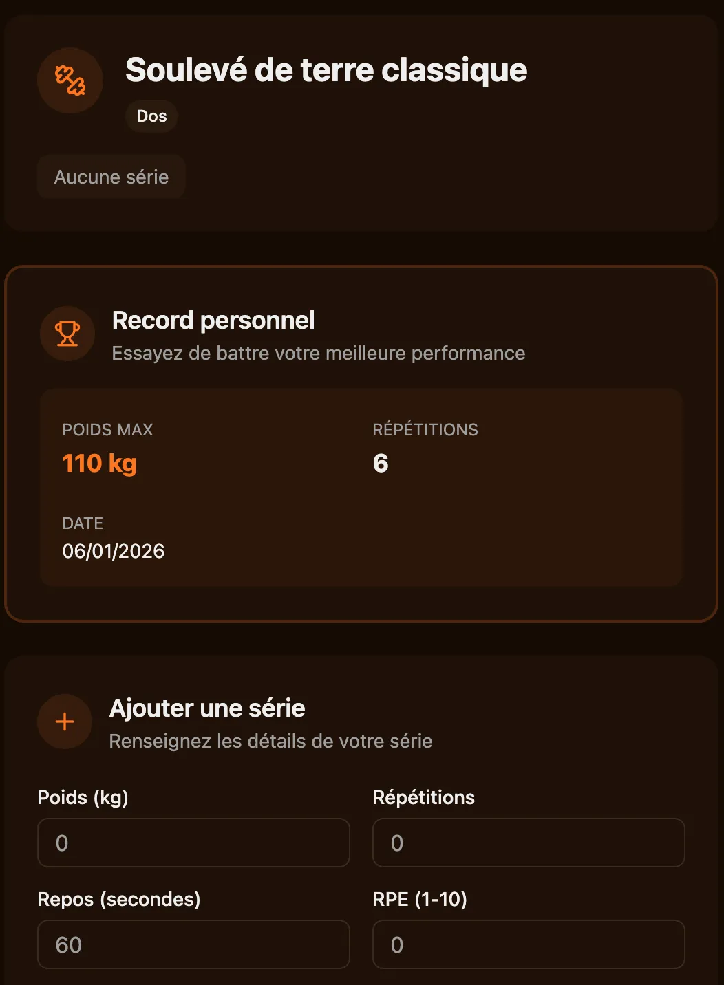 Interface LastRep pour ajouter des séries d'exercices de musculation